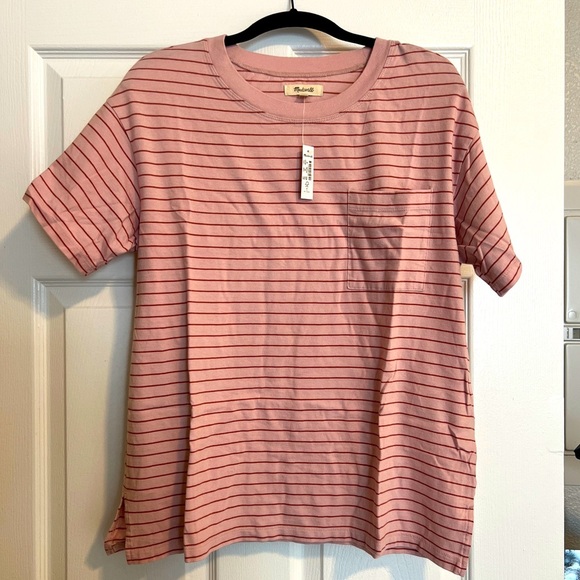 *NWT* Madewell Pink Softfade Cotton Striped Pocket Short Sleeve T-Shirt - Size M - Picture 1 of 5